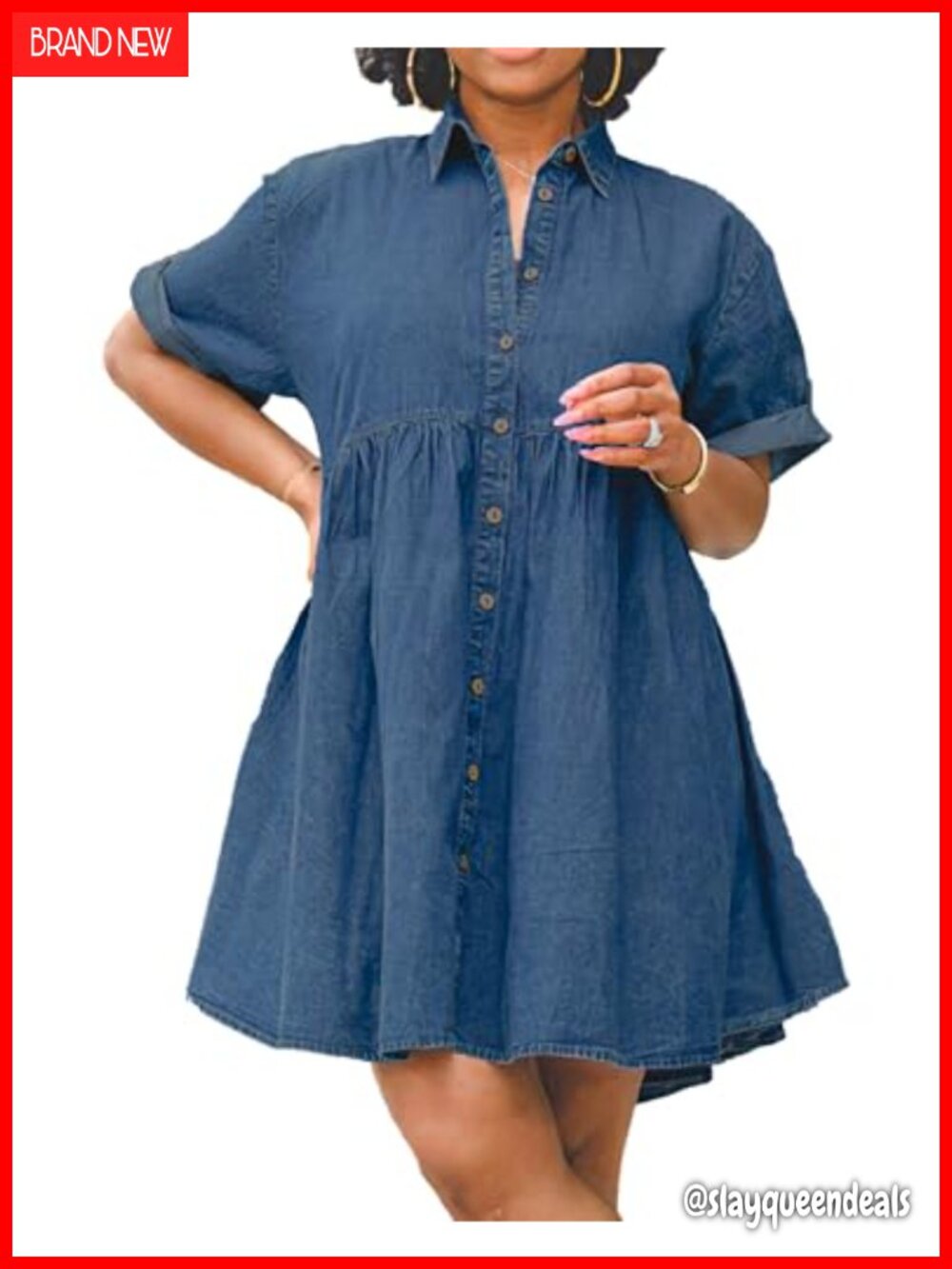 Womens Denim Babydoll Dress Tiered Ruffle Hem Button Down Mini